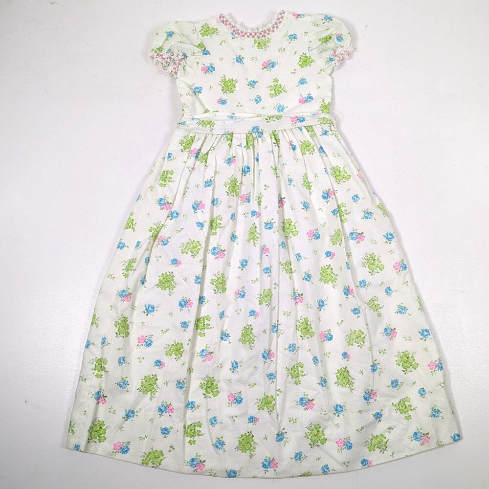 Vintage Handmade Dress Girls Size 6/7 Midi Maxi Floral Swiss Dot Boho